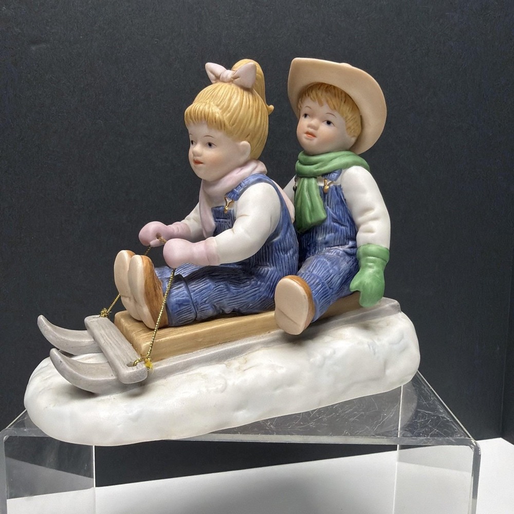 Homco Denim Days "Winter Fun" Figurine Vintage 1999 Sled Debbie Danny W/package